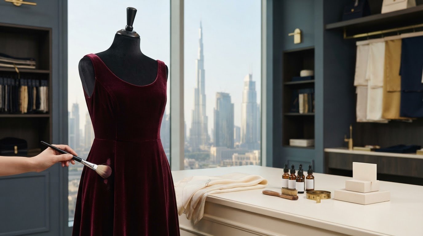 Dry cleaning for velvet dresses in Dubai, with stain and price details